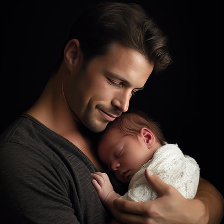 In this bright and realistic photograph, a young father cradles his newborn baby in his arms, capturing a beautiful moment of paternal love and bonding.の素材