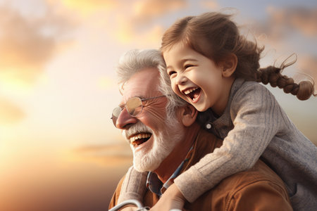 Cute little girl covering eyes with hands of her smiling senior grandfather while playing and having fun together at home, small happy child spending time with positive active grandpaの素材