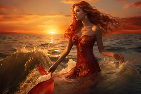 The image depicts a sense of tranquility and wonder, as the mermaid peacefully navigates the gentle waves. The golden hues of the setting sun create a warm and serene atmosphere, adding to the ethereal allure of the scene.の素材