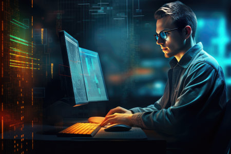 Program development concept. Portrait of a programmer in the modern computer world Gnerative AIの素材