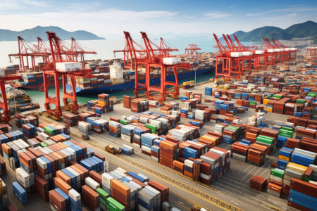 The atmosphere is filled with energy as workers load and unload goods, ensuring the smooth operation of global trade. The photograph beautifully captures the scale and complexity of logistics, emphasizing the importance of efficient transportation and supply chain management.の素材