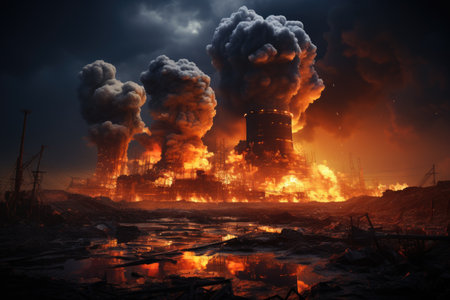 Power of nature and the devastating consequences of a nuclear disaster. The vivid colors and contrasting elements evoke a sense of danger and urgency. The image serves as a powerful reminder of the potential risks and the need for safety in the realm of nuclear energy.の素材