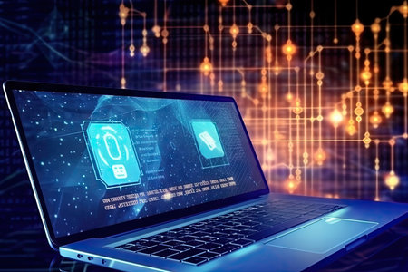 Integration of cutting-edge technologies, showcasing the laptop as a gateway to a world of advanced computing capabilities. Generative AI brings life to the dynamic data whirlpool, enhancing the visual impact and immersing the viewer in the digital revolution.の素材