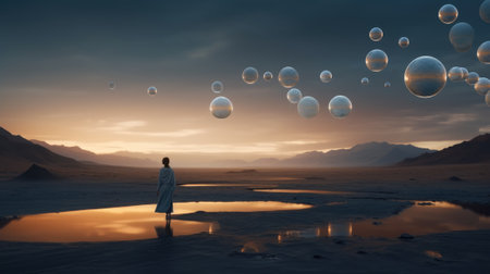 A man stands on the surface of an alien planet and looks at a circle of neon. Silhouette against the backdrop of a fantastic landscape.の素材