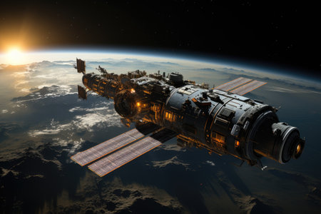 A bright and captivating photograph showcasing a space station harnessing solar energy from the sun and transmitting it back to Earthの素材