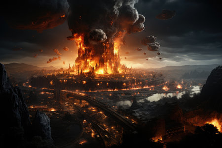 Power of nature and the devastating consequences of a nuclear disaster. The vivid colors and contrasting elements evoke a sense of danger and urgency. The image serves as a powerful reminder of the potential risks and the need for safety in the realm of nuclear energy.の素材