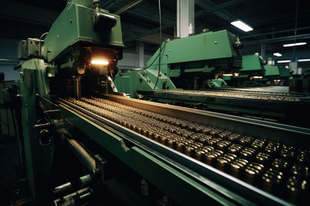 well-organized production line with automated machinery and workers carefully overseeing the production process. Bullets or shells move along the conveyor, undergoing various stages of manufacturing, including casing, filling, and packaging.の素材
