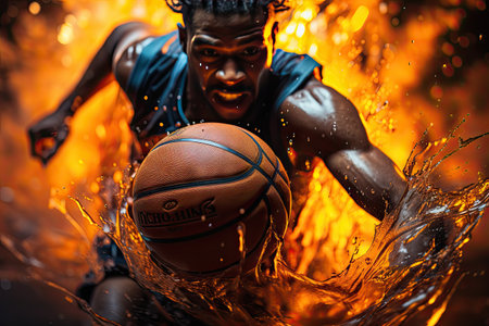 Through the power of Generative AI, this image captures the essence of the game in a unique and captivating way. The vibrant colors and detailed composition bring the intensity and excitement of basketball to life, while the unusual angle adds an element of surprise.の素材