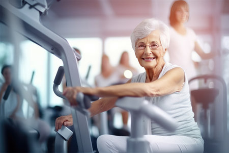 Sport In Mature Age. Happy senior woman doing stretching exercises in front of laptop at home, watching online tutorials, free spaceの素材