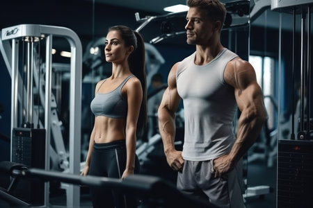 Shot of a muscular young woman in sportswear working out with personal trainer at the gym.の素材