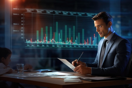 Financial Analysts and Day Traders Working on a Computers with Multi-Monitor Workstations with Real-Time Stocksの素材