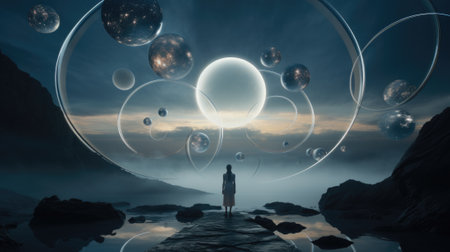 A man stands on the surface of an alien planet and looks at a circle of neon. Silhouette against the backdrop of a fantastic landscape.の素材