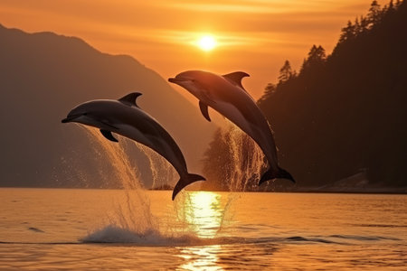 Dolphin swims in the blue sea in a picturesque place, Generative AIの素材