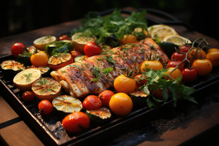 Fried salmon steak with potatoes and vegetables on wooden tableの素材