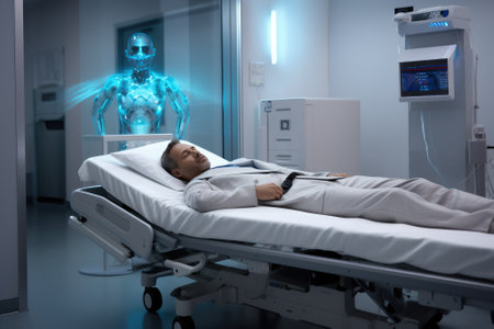 A photograph of a patient lying in a hospital bed, surrounded by robots, with a team of doctors and nurses caring for them. Generative AIの素材