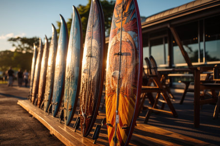 Windsurfer girl is getting ready for an exciting windsurfing session. With the sun shining in the background, she carefully prepares her windsurfing board for a thrilling ride on the sparkling water.の素材