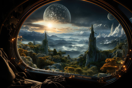 In this bright and awe-inspiring photograph, we witness the future of travel - space tourism. The image depicts a space tourist gazing in wonder at the Earth from the window of a spacecraft, surrounded by the infinite beauty of the cosmos.の素材