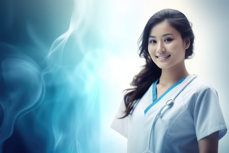 Waist up portrait of young female doctor while standing in reception area of modern clinic, Gnerative AIの素材