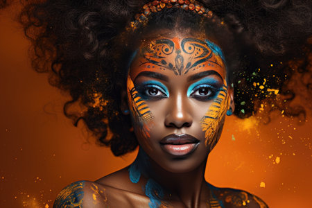 Portrait of a beautiful African woman with unusual body art with black skin and colored eyes and lips on a dark background. The concept of hidden feelings and desires. advertising poster. Generative AIの素材