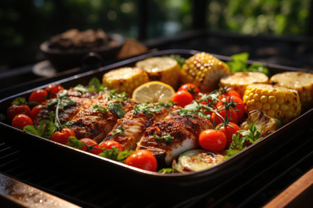 Fried salmon steak with potatoes and vegetables on wooden tableの素材