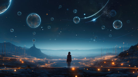A man stands on the surface of an alien planet and looks at a circle of neon. Silhouette against the backdrop of a fantastic landscape.の素材