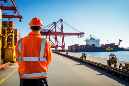 The atmosphere is filled with energy as workers load and unload goods, ensuring the smooth operation of global trade. The photograph beautifully captures the scale and complexity of logistics, emphasizing the importance of efficient transportation and supply chain management.の素材