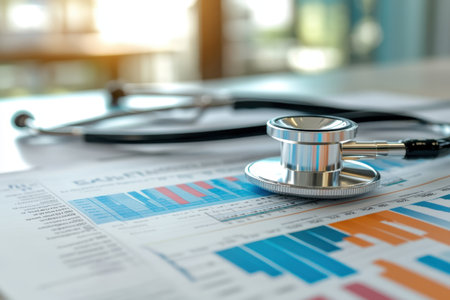 A stethoscope lies on a report showing various health statistics and colorful charts in an office.の写真素材