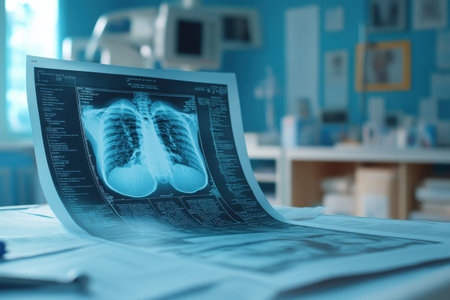 A detailed X-ray highlighting human lungs on a table in a healthcare setting with equipment around.の写真素材