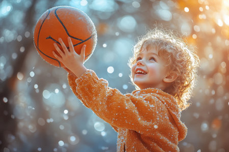A happy child holds a basketball high while smiling amid falling snowflakes in a winter wonderland.の写真素材