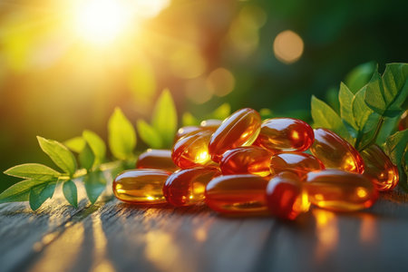 Golden capsules are placed on a wooden surface, illuminated by warm sunlight, creating a serene and natural atmosphere.の写真素材