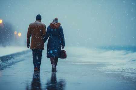 A couple strolls along a snow-covered promenade, enjoying the winter atmosphere and ocean view.の写真素材