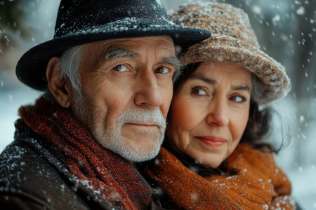 An older couple shares a tender moment outdoors on a snowy day, wrapped in cozy scarves and hats, immersed in winter.の写真素材