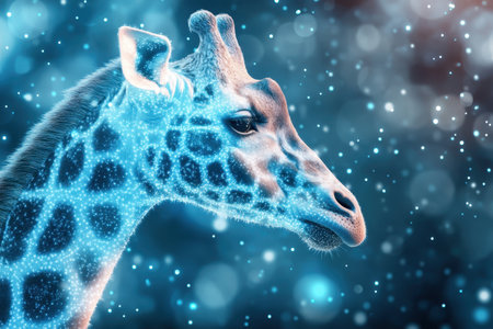 A giraffe stands gracefully amidst sparkling lights, creating a magical and enchanting atmosphere in the background.の写真素材