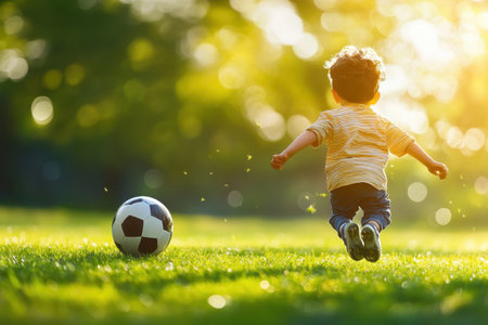 A toddler happily sprints across a lush green field, eagerly pursuing a soccer ball on a bright afternoon.の写真素材
