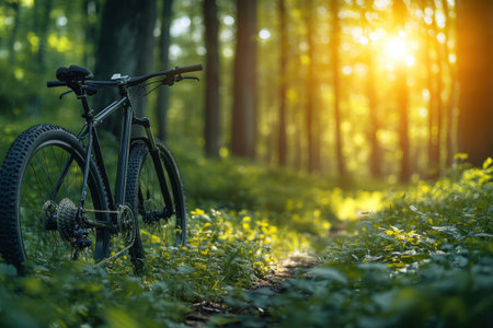 A mountain bike leans on a forest path illuminated by warm sunset rays filtering through the trees.の写真素材