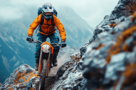 A mountain biker skillfully navigates rocky trails in the Alps under cloudy skies, showcasing their adventurous spirit.の写真素材