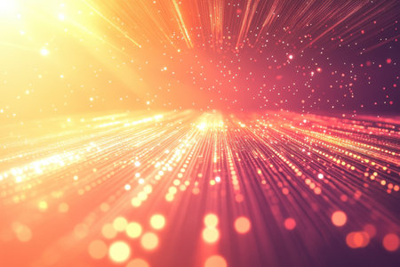 Brilliant rays of light burst forth, surrounded by dancing particles in a colorful expanse.の写真素材