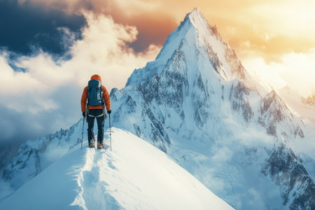 A hiker in warm gear ascends a snowy summit, enjoying breathtaking views of towering peaks and a colorful sunset.の写真素材