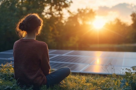 A person enjoys the sunset while seated on the grass next to solar panels in a peaceful environment.の写真素材