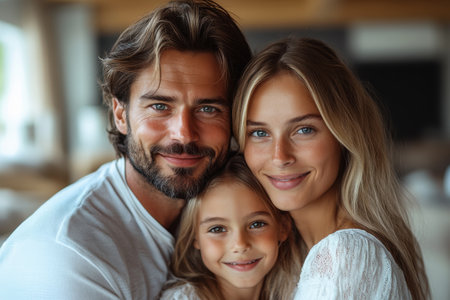 A joyful family of three embraces each other, smiling affectionately in a cozy indoor setting.の写真素材