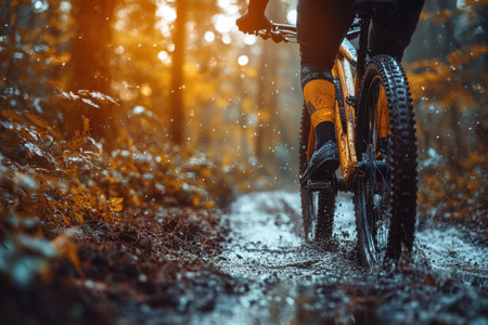 A mountain biker rides through a muddy trail in a vibrant forest under warm afternoon sunlight.の写真素材