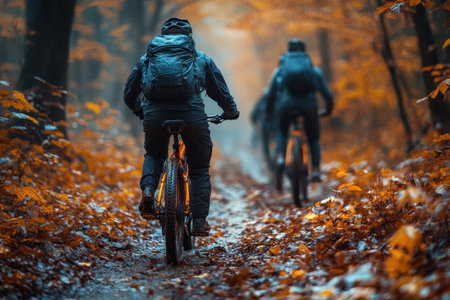 Two cyclists ride along a muddy path surrounded by colorful autumn foliage in a misty forest.の写真素材