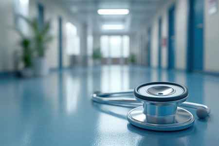 A stethoscope rests on the smooth floor while hospital doors and potted plants frame the background.の写真素材