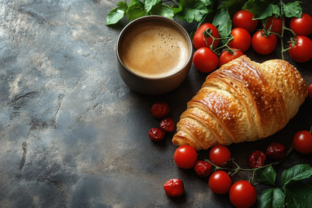 A warm croissant sits next to vibrant tomatoes and a cup of coffee on a rustic table in the morning.の写真素材