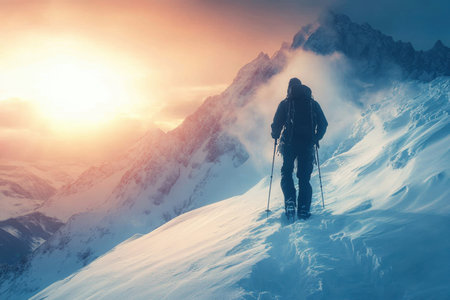 A brave hiker ascends a snow-covered peak as the sun sets, casting vibrant colors across the landscape.の写真素材