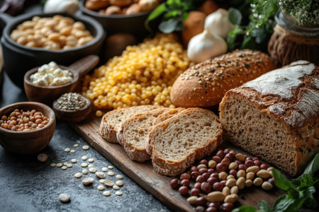 A variety of bread and grains are beautifully arranged on a wooden board, showing their textures.の写真素材