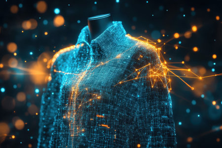 A stylish shirt displays vibrant, glowing data patterns against a dark background.の写真素材