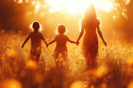A mother and her two daughters stroll through a sunlit field filled with flowers at sunset.の写真素材