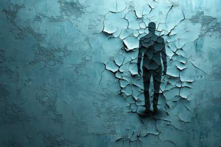 A silhouette stands against a cracked wall, representing strength and transformation amid decay.の写真素材