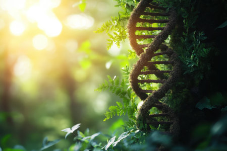 A DNA helix made of moss and plants is surrounded by lush greenery in a glowing forest.の写真素材